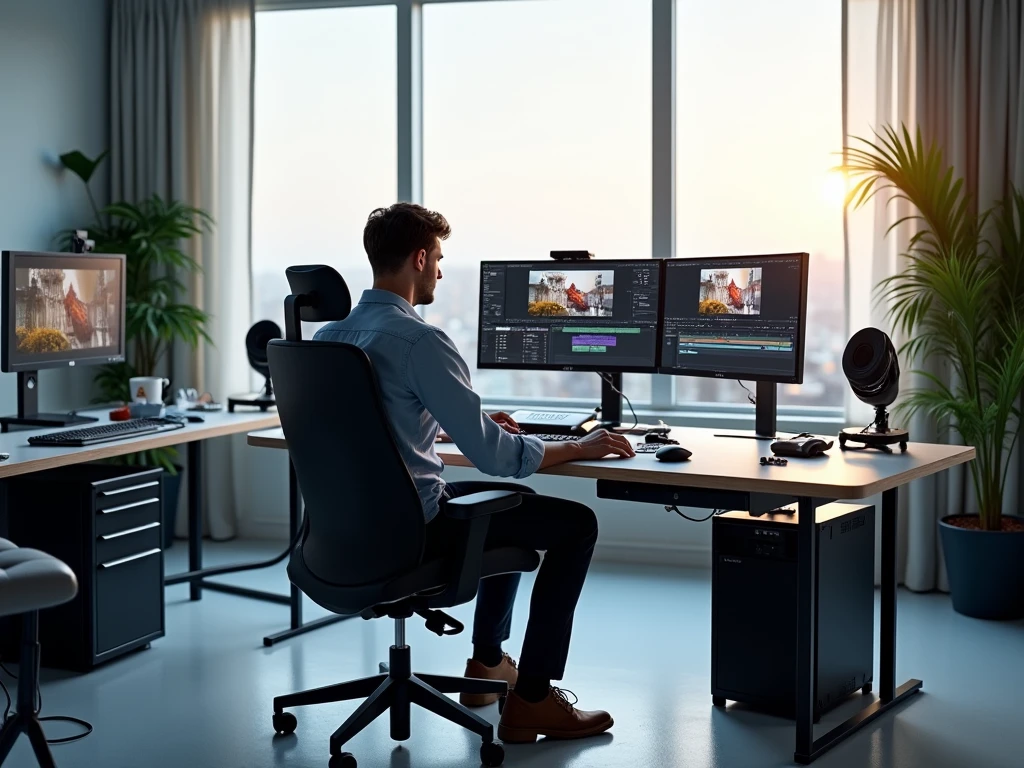 Professional video editing workspace